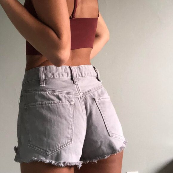 Free People Light Gray Distressed Denim Shorts with Button Fly, Size 27 - Picture 2 of 7